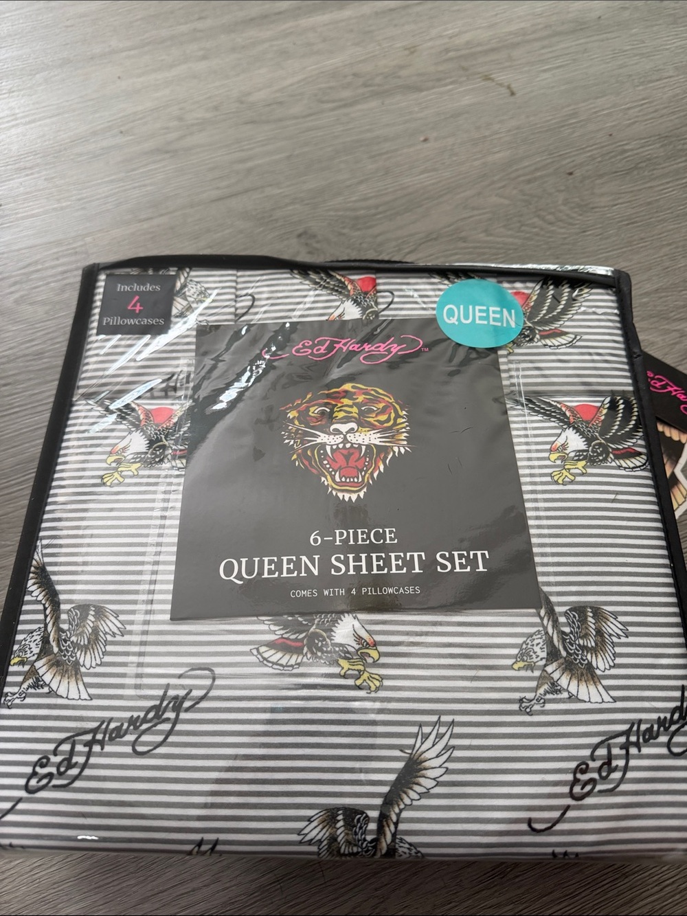 Ed Hardy Queen 6pc Sheet Set - Gray & White Striped w/ Eagle Motifs NIP